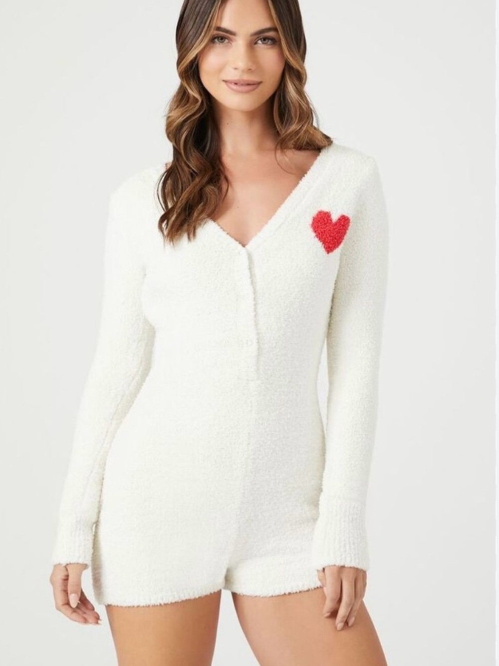 Forever 21 White Plush Heart Henley Romper